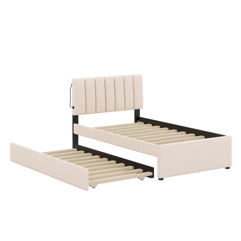 Lit plateforme tapissier avec lit gigogne, Beige