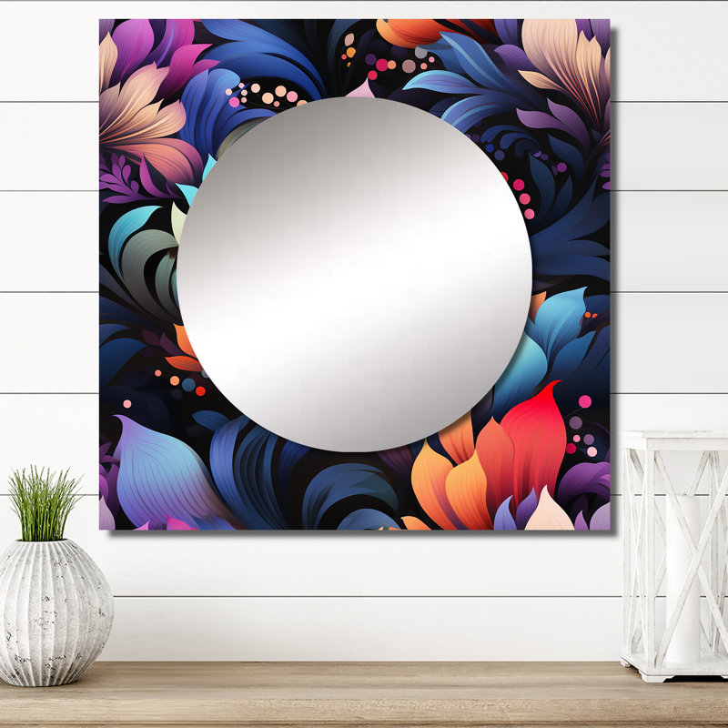 Multicolor Futurist Damask Nexus - Floral Large Square Mirror For Wall Art Decor, 23" x 23"