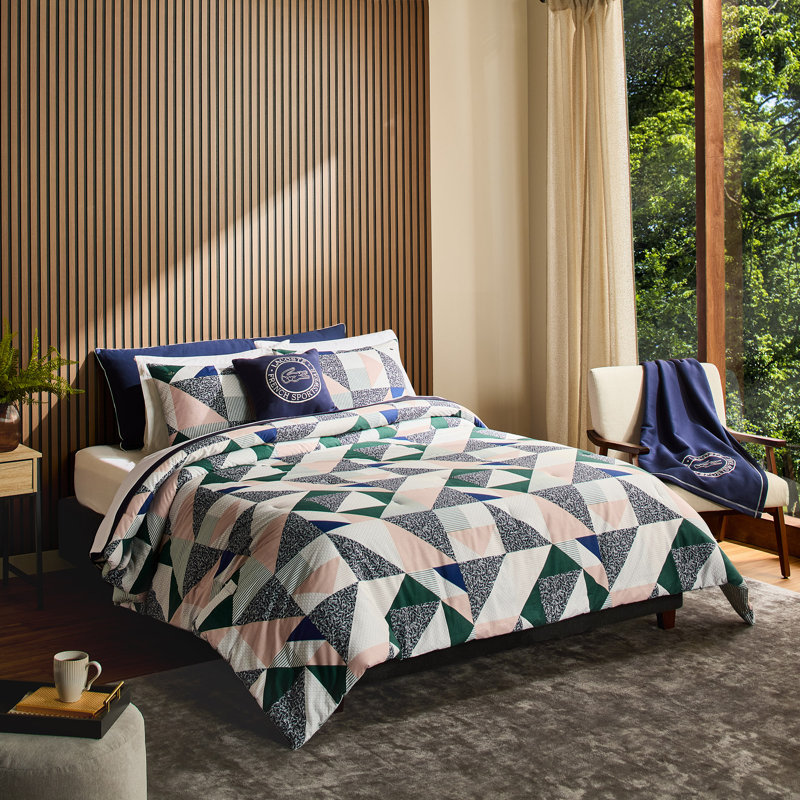 Lacoste Signature Cotton Twin 2-Piece Multi-Color Comforter Set, Twin Comforter + 1 Sham, Multi/Signature