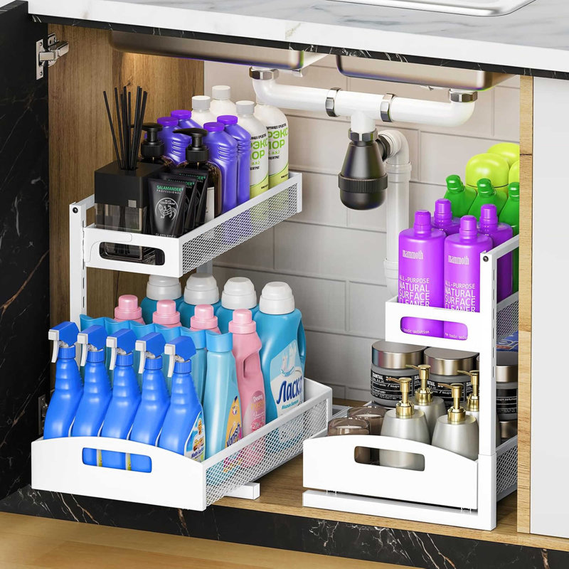 Ensemble de rangement sous le comptoir en métal, ensemble de 2 armoires coulissantes avec tiroir inférieur lisse, étagère de rangement réglable à 5 niveaux pour meuble-lavabo de cuisine