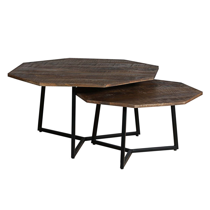 Ensemble de tables basses gigognes 2 pièces 35, 28 pouces, plateau octogonal, bois de manguier, brun et noir