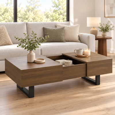 Table basse à plateau coulissant avec rangement caché, plateau de table en bois extensible, table basse moderne Mid-Century avec compartiment de rangement pour le salon