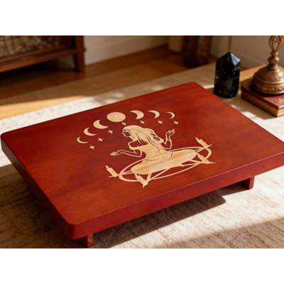 Hand-Carved Wooden Altar Table With Pentacle & Candle Engraving | 12X8 Inch Meditation Table For Wiccan, Witchcraft, Buddhist Shrine & Spiritual Practices