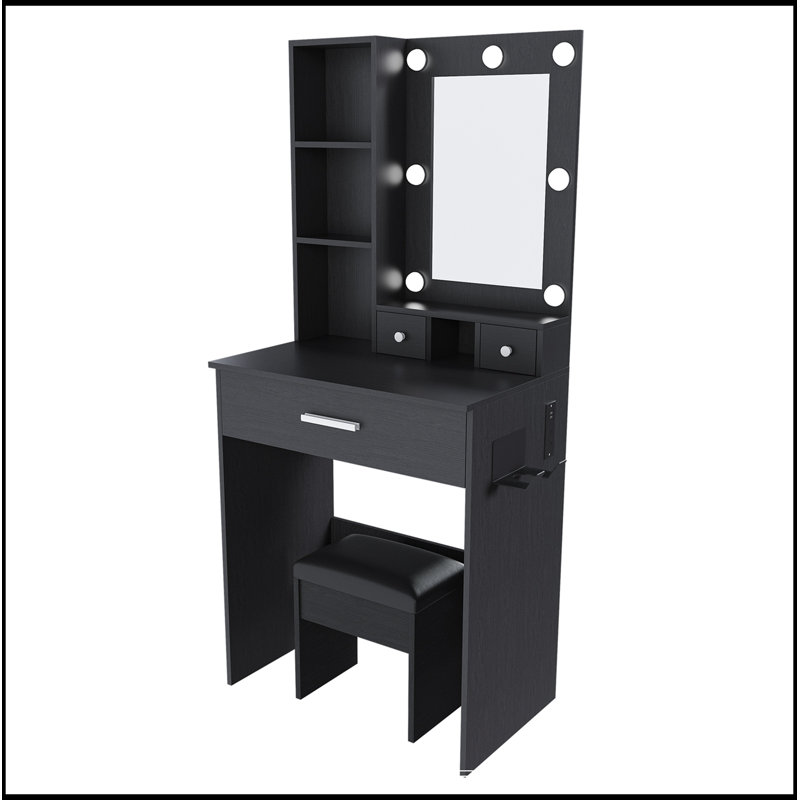 Table de coiffeuse avec miroir, lumières DEL réglables, prise de courant, support pour sèche-cheveux et tabouret, Black