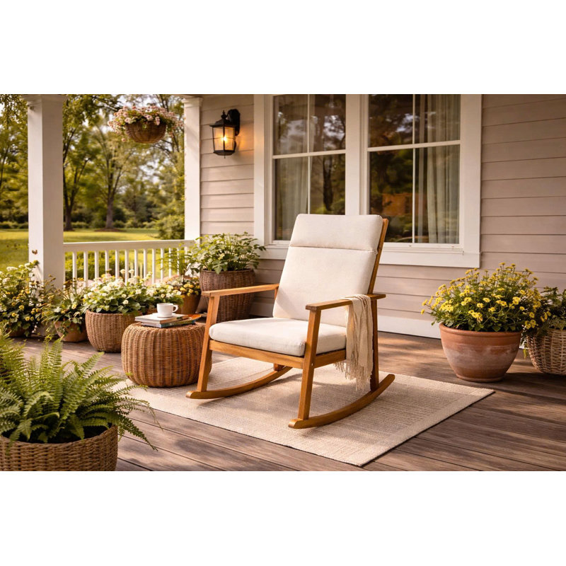  Chaise berçante d'extérieur en acacia avec coussins pour patio et cour arrière