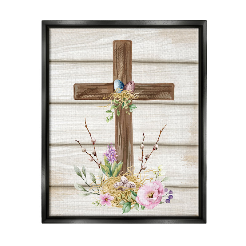 Spirituelle, croix de printemps, fleurs printanières, Cadre flottant noir de jais, H 21 po x l 17 po x P 1,7 po