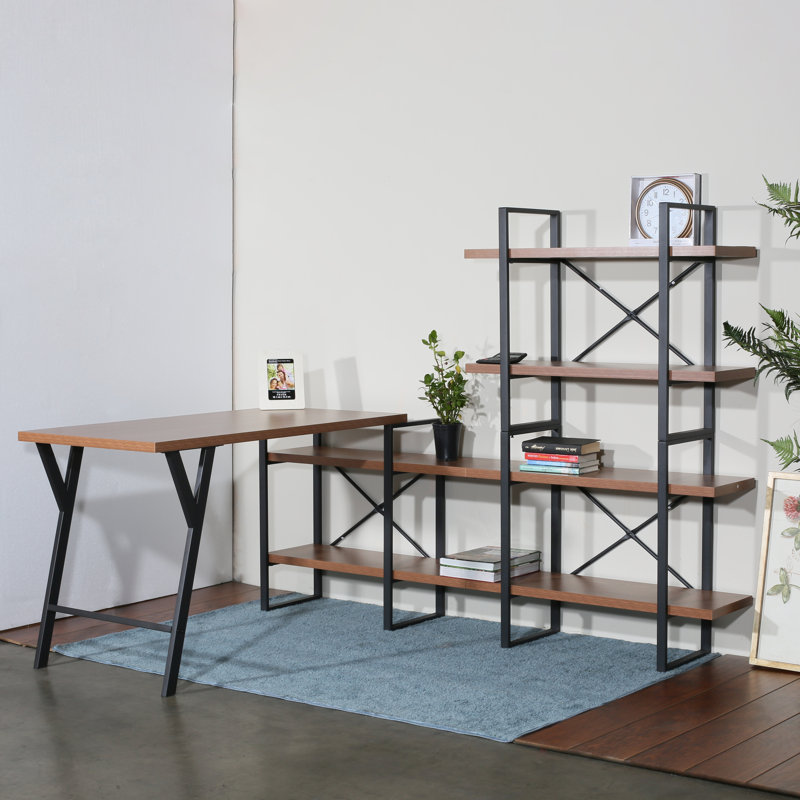 Walnut Wood L-Shaped Writing Desk with Shelves