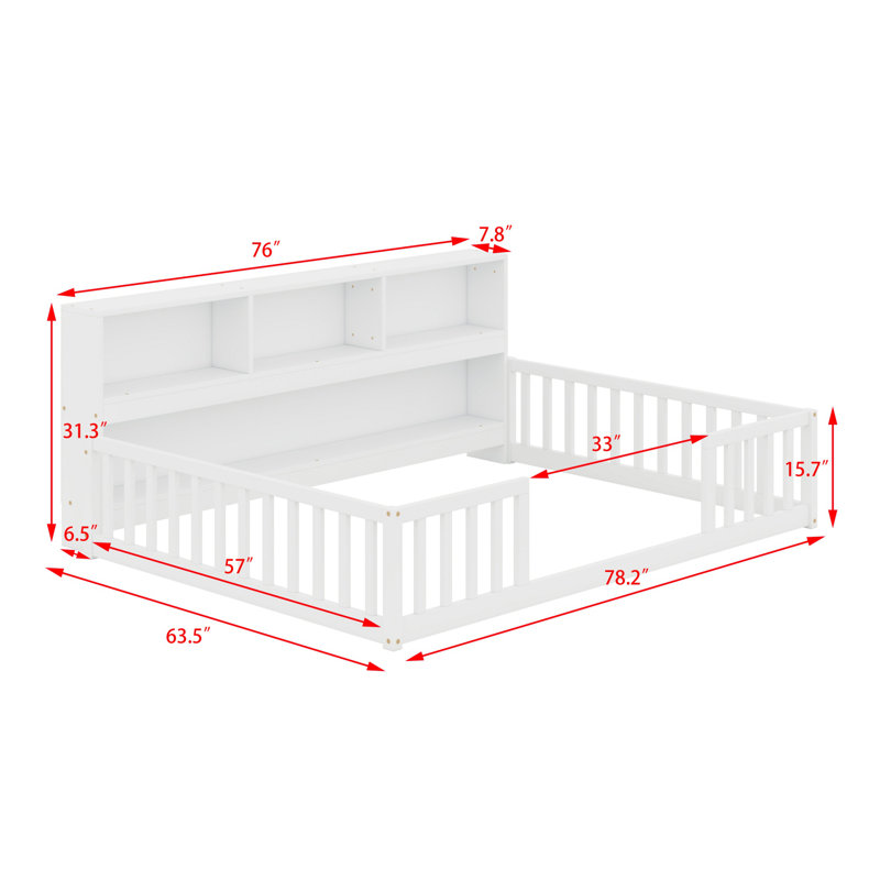 Floor Bed With Side Bookcase,Shelves,Guardrails