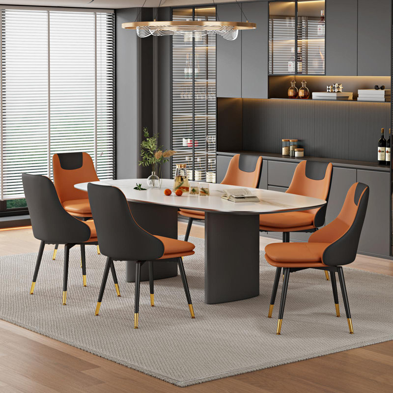 Modern Light Luxury PU Leather Swivel Dining Chair Set For Home & Commercial Dining Spaces, Orange/black