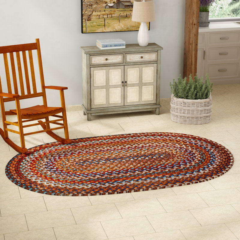 Tapis beige / vert / bleu en laine tressé à la main Ato, Ovale 4 pi x 6 pi
