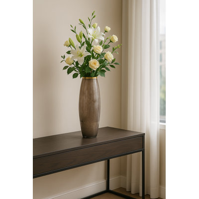 Glass Vase with Aluminum Rim and Sleek Glam Design Crafted from Decorative Glass and Metal Construction for Modern Accent Decor