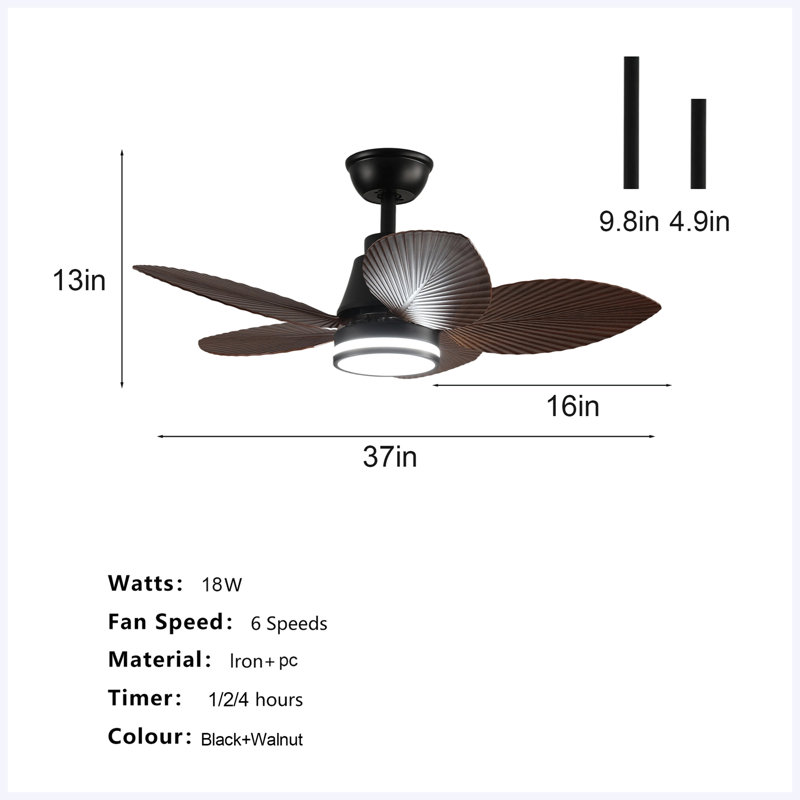 Ventilateur de plafond de 37 pouces avec lumière, 3 pales en ABS en forme de feuille, télécommande, moteur à courant continu réversible à 6 vitesses pour le salon, la chambre à coucher et la salle à manger
