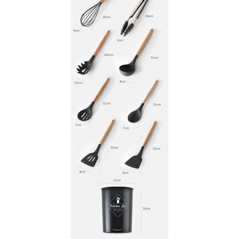 Ensemble d'ustensiles de cuisine en silicone 11 pièces avec poignées en bois - Outils de cuisine antiadhésifs résistants à la chaleur