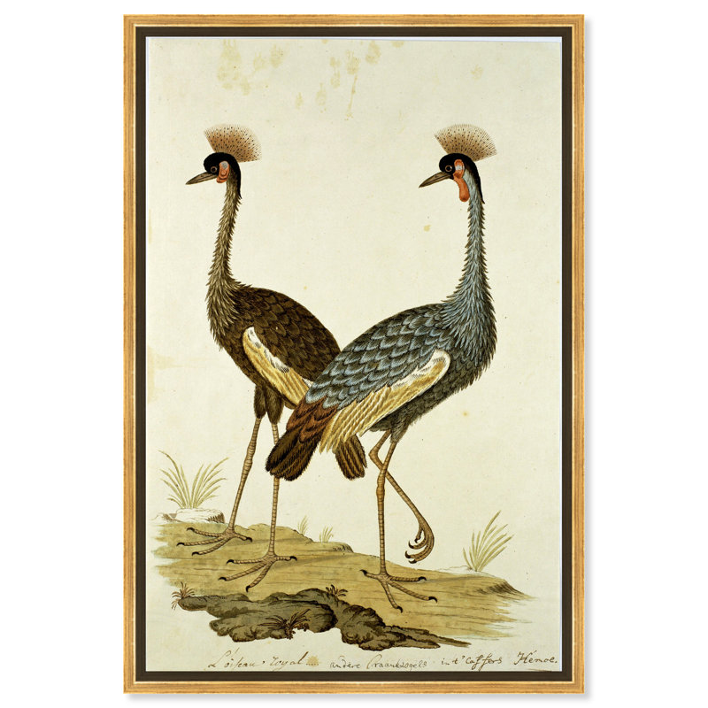 Animaux, couronnes et grues - Peinture sur toile, Cadre doré, H 16 po x l 24 po