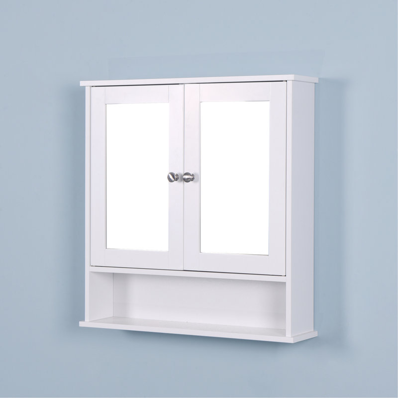 White Wall Mounted Bathroom Cabinet With 2 Mirror Doors And Adjustable Shelf