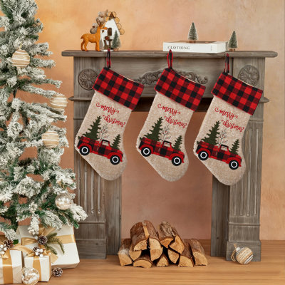 2 pièces de bas de Noël en tissu écossais rouge et noir, 16,93 pouces, sac de bonbons pour cheminée, voiture, camion, décorations de fêtes, cadeaux de Noël