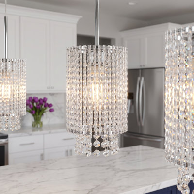 3 Pack 5.1" Chrome Crystal Bead Strand Chandeliers, Modern Drum Mini Pendant Light