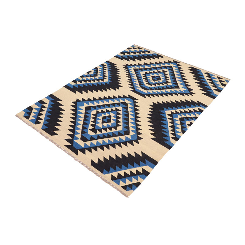 Tapis beige / bleu en laine noué à la main 6 pi x 9 pi Gilmour