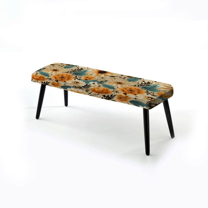 Mod Floral Nostalgia IV - Midcentury Upholstered Black Bench