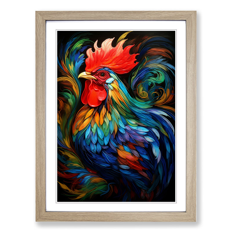 Rooster Abstract - Single Picture Frame Print on Wood, 46cm H x 34cm W x 2cm D, Oak