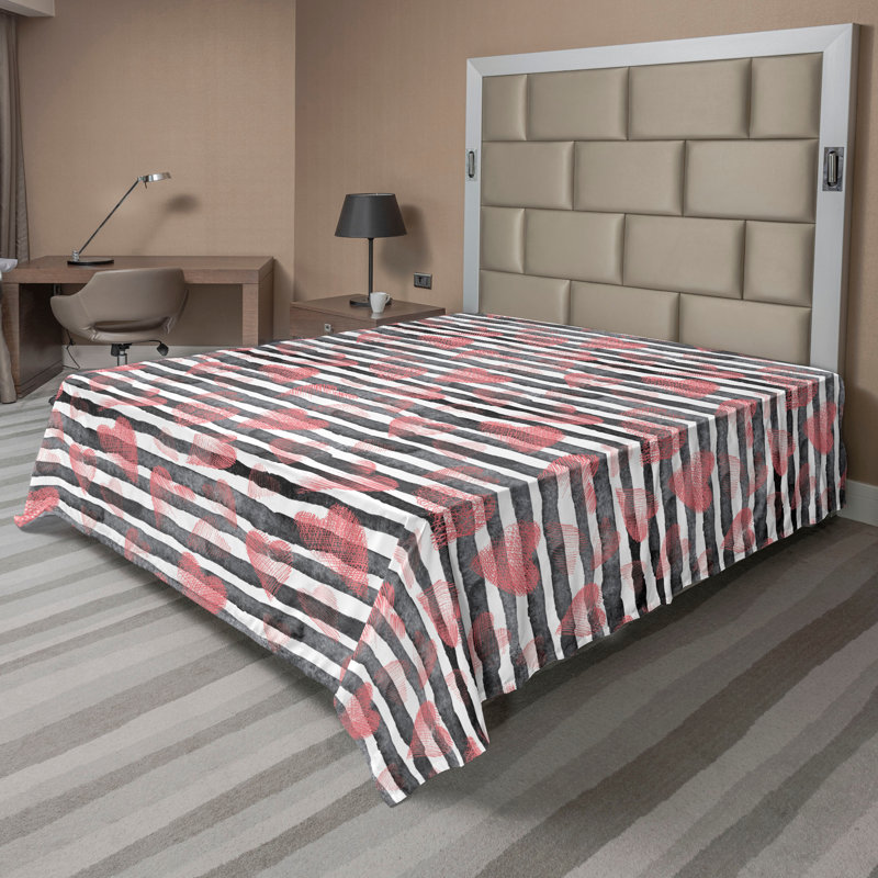 Drap plat Ambesonne, Drap plat pour très grand lit californien, Corail foncé, corail, gris pâle / rayé