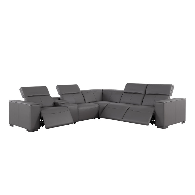 Canapé modulaire luxueux en cuir véritable 6 pièces avec 3 sièges inclinables électriques et appui-tête électrique, Gris