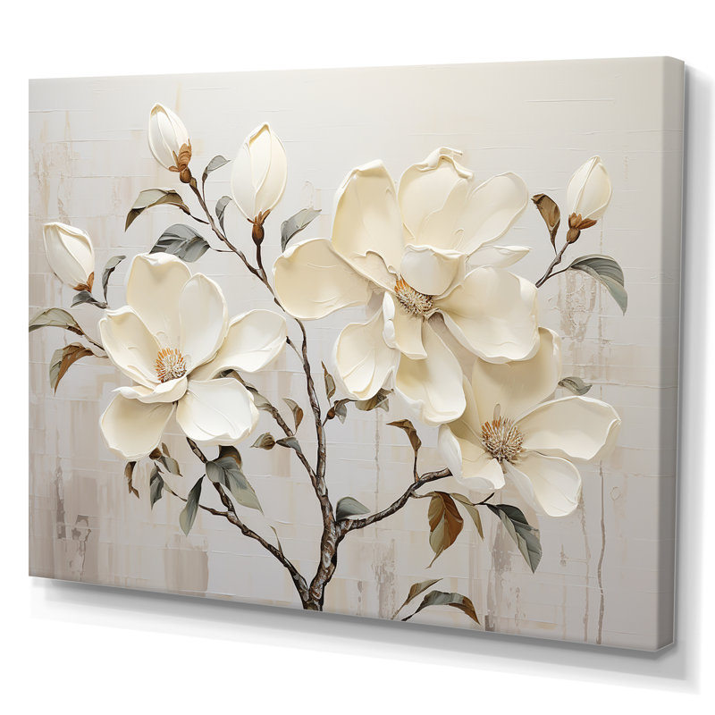 Fleur de magnolia beige et vert - art mural Magnolias, H 34 po x l 44 po x P 1,5 po, Toile tendue