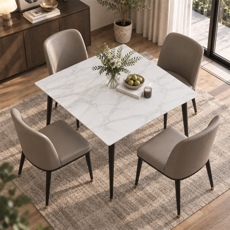 Annagh Stone Top Metal Base Dining Table, 29.9"H x 31.5" L x 31.5" W, Gloss White