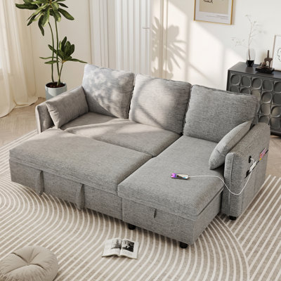 Acker 83" W Modern Chenille Manual Recline Sleeper Sectional Sofa with Pull-Out Bed and Chaise, Convertible L-Shaped Couch