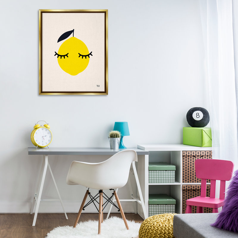 Lemon with Eyelashes Framed Floater Canvas Wall Art by Jessica Beck, 31" H x 25" W, Gray Floater Framed