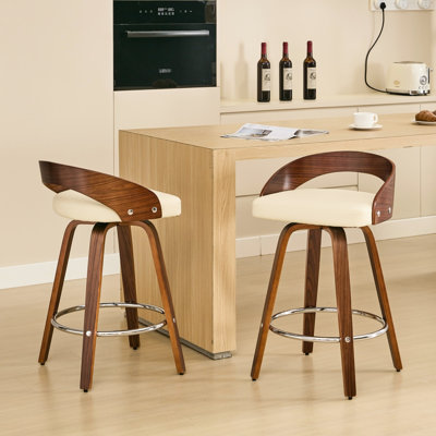 Mid-century Modern Swivel Bar Stools (2) - 25-inch Height, Beige Cushioned Seat, Walnut Wood Back And Legs 25" Counter Height ( Of 2) Modern, Seat Cushion, Walnut Finish Wood, Wide Base For Stability