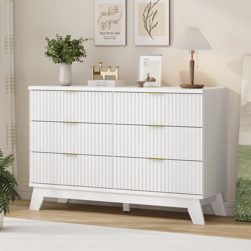 Fluted 47"W 6-Drawer Dresser w/Metal Handles, Bedroom Storage Chest, Tip-Resistant, White