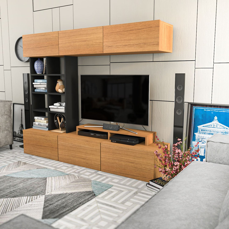 Meuble télé moderne avec tablette murale et armoire, teck et noir, 70,9 x 15,7 x 14,6 pouces | 100% panneau de particules enduit de mélamine, épaisseur: 0,7 pouce | Plusieurs tablettes, fixation murale, design élégant et fonctionnel pour le salon