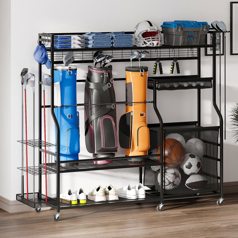 3 Golf Bags Storage Stand Sports Equipment Gear Accessories Rack Organizer With Wheels And Ball Organizer Bin For Garage