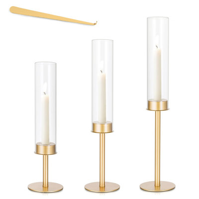 Gold Hurricane Glass Candle Holder Set of 3, Tall Metal & Windproof Glass Taper Candle Holders, Elegant Table Centerpieces for Holiday Decorations, Outdoor & Indoor, Includes Gold Candle Hooks