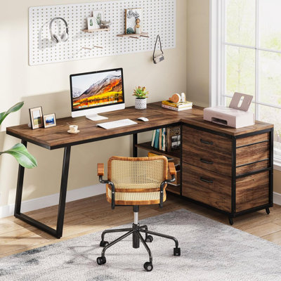 Bureau d'ordinateur en L réversible de 53 po avec 3 tiroirs et tablettes de rangement, bureau de coin industriel avec classeur, poste de travail compact pour les petites pièces