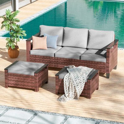 Ensemble de canapé de patio en rotin 3 places avec coussins épais et structure robuste
