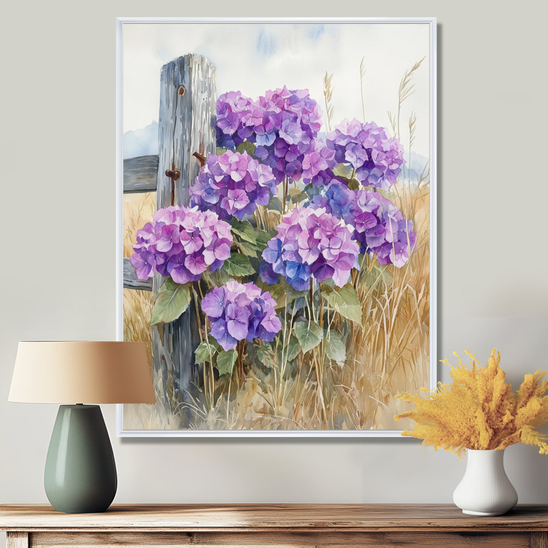 «Emily Hydrangeas At The Farm Fence I - Hydrangea», art mural, H 40 po x l 30 po, Reproduction avec cadre flottant, Blanc