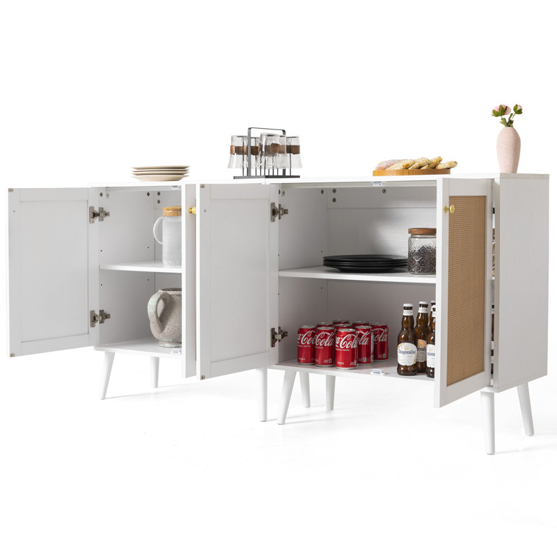 Accent Storage Cabinet With Rattan Doors Of 2, Sideboard Buffet Cabinet, Wood Grain Coffee Bar Cabinet, Entryway Cabinet, Adjustable Shelves For Dining Room, Kitchen, Hallway, Living Room, White