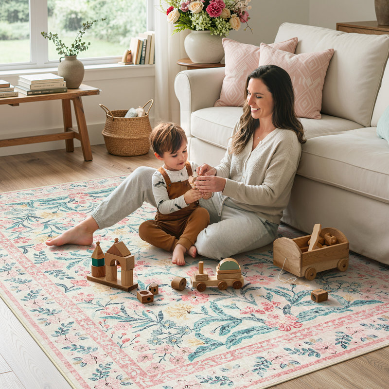 Kaldi Kaldi Oriental Botanical Floral Machine Washable Area Rug with Non-Slip Backing for Living Room, Dining Room, Bedroom