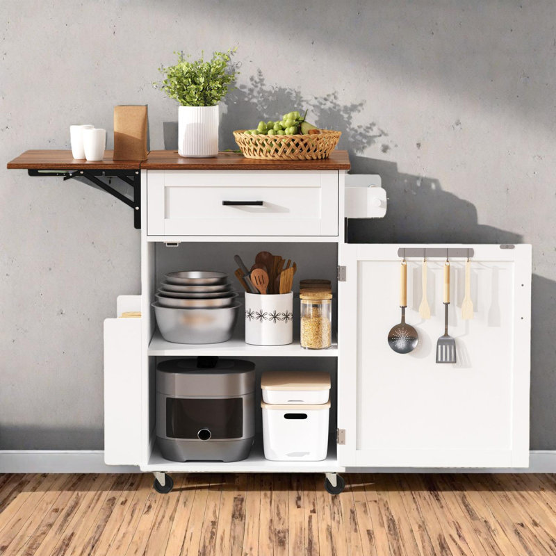 Farmhouse Kitchen Island with Drop Leaf and Storage, White