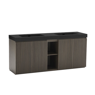 Meuble-lavabo de salle de bain avec lavabo, grand meuble-lavabo autoportant avec rangement pour salle de bain moderne, lavabo à une pièce en quartz noir sans drain ni robinet