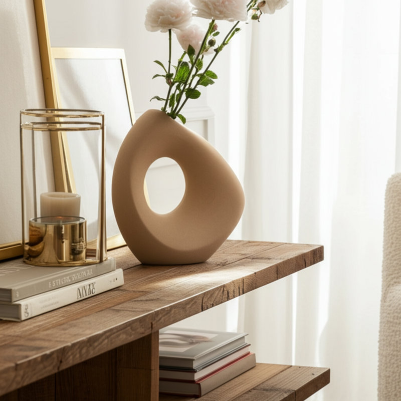 Decorative Vase Stoneware Ceramic Modern Sculptural Accent with Circular Open Center and Contemporary Artistic Silhouette for Glam Inspired Design Displays and Modern Style Arrangements