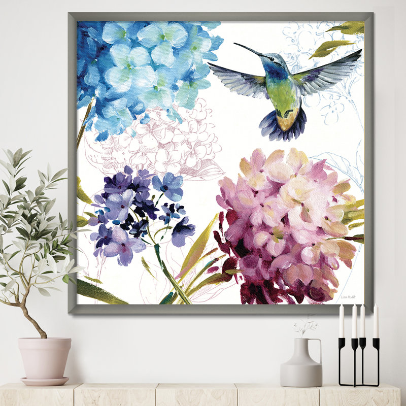Humming Bird Blue Cottage Flower - reproduction d'art sur toile, H 30 po x l 30 po x P 1 po, Cadre argenté