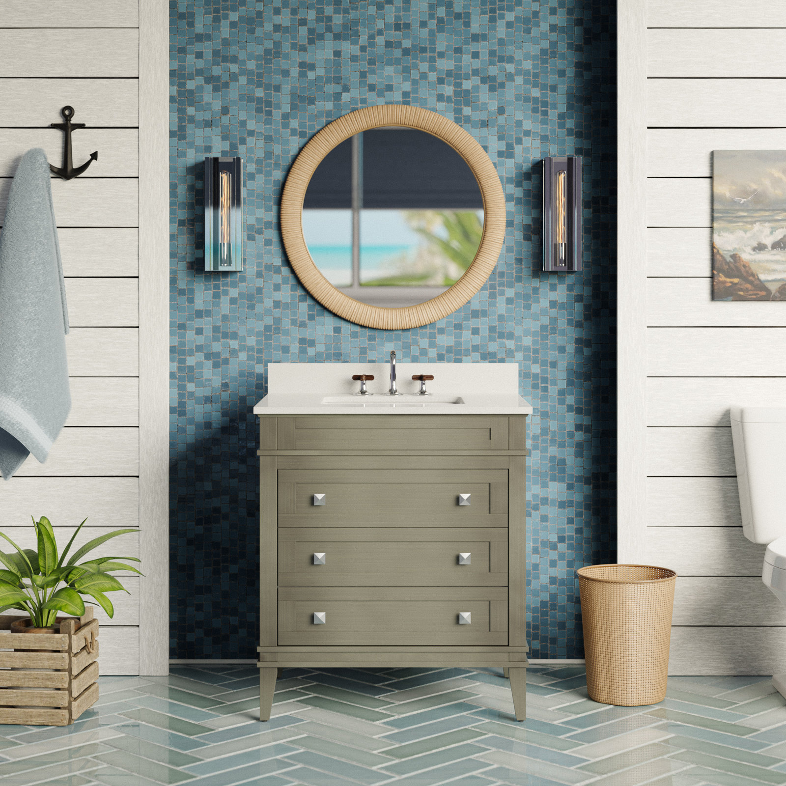 30'' Single Bathroom Vanity, Carrara Marble, Weathered Gray