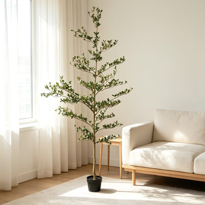 Grand arbre artificiel artificiel noir 7 pi - vert olive réaliste, jardinière en plastique noir non amovible - arbre de sol décoratif pour le coin intérieur du salon