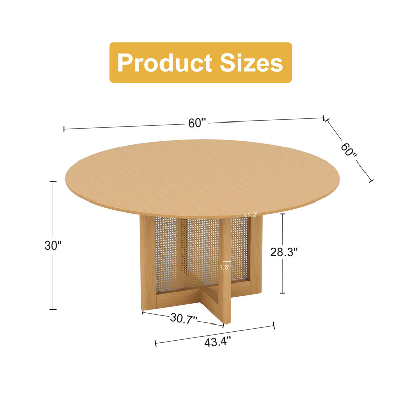 Table de salle à manger ronde en bois massif avec piédestal en rotin, Bois naturel, H 30 po x L 60 po x l 60 po