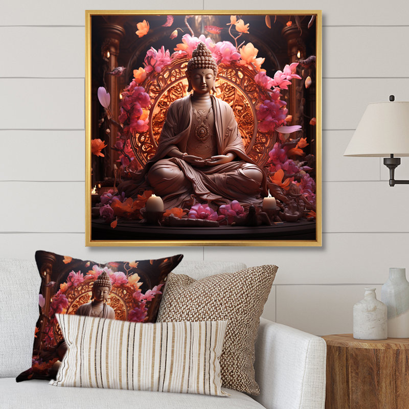 Art bouddhiste indien rose et doré, Cadre flottant doré, H 30 po x l 30 po x P 1,5 po