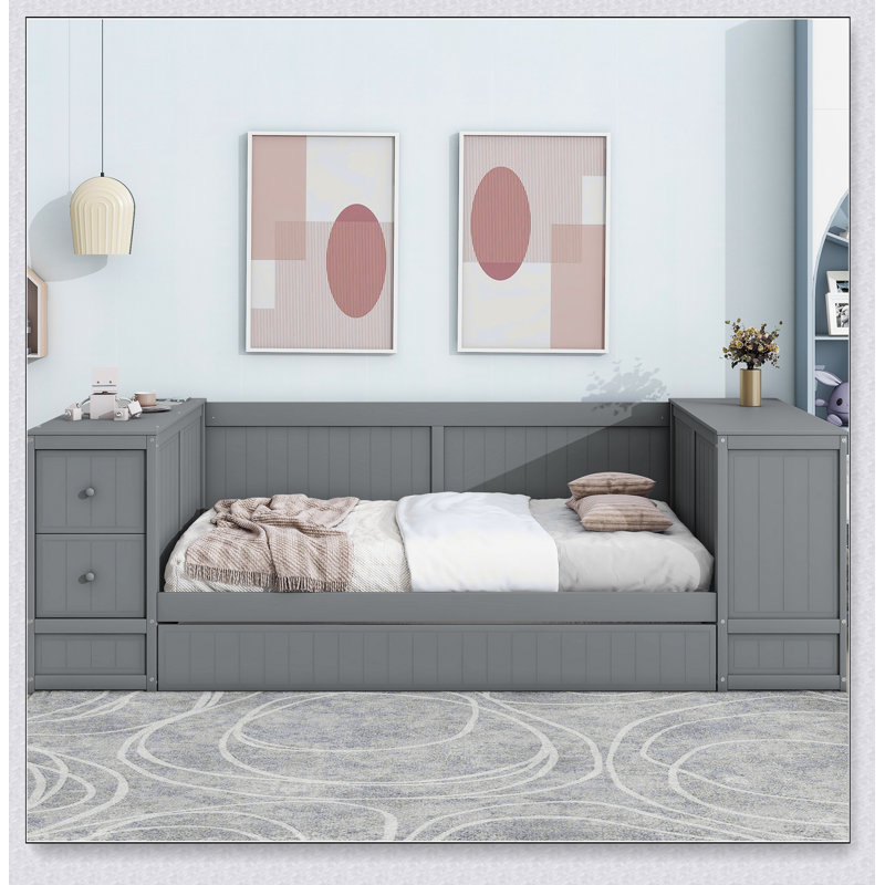Daybed With Storage Arms, Trundle And Charging Station, Gray