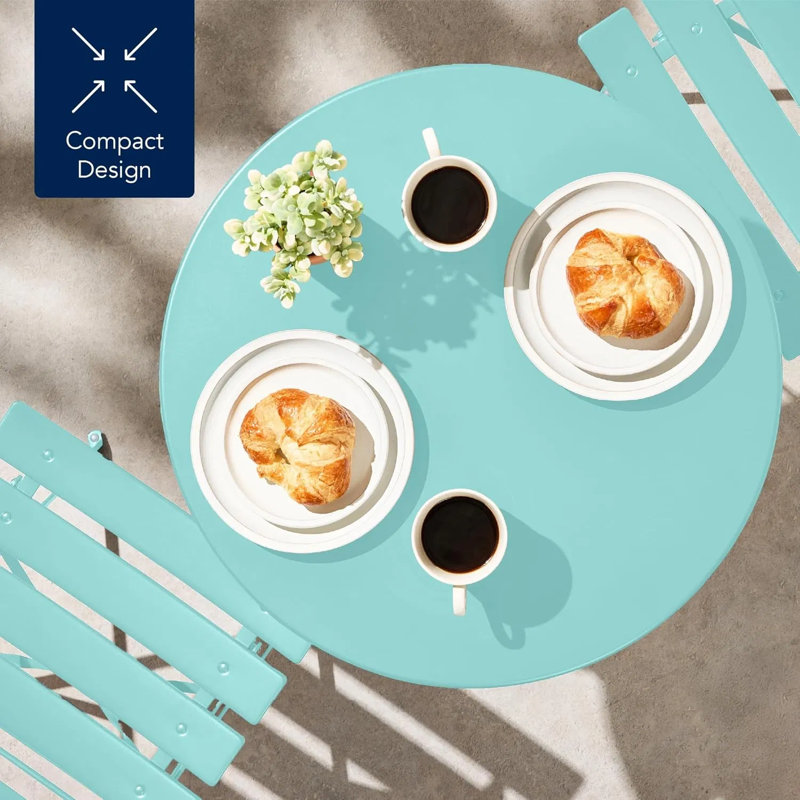 Ensemble bistro 3 pièces 23,5 po de diamètre - Pliage compact et acier solide toutes saisons - Pour patio / balcon, Bleu aqua
